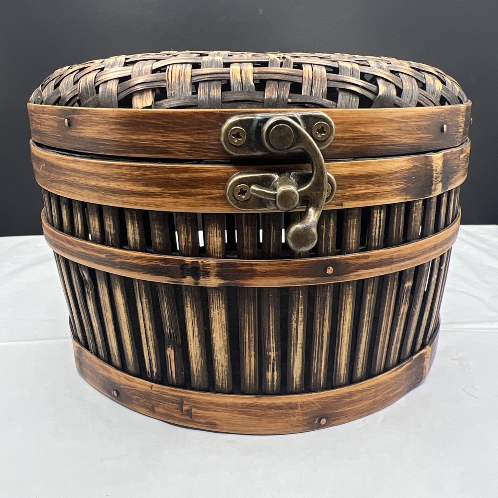 Vintage Round Bamboo Cricket Box Style Storage Basket Swing Clasp Latch 6.5"
